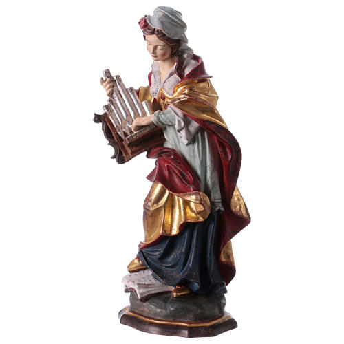 Painted statue in wood Saint Cecilia with golden details, Val Gardena 3