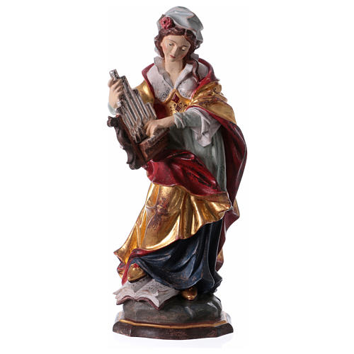 Painted statue in wood Saint Cecilia with golden details, Val Gardena 1