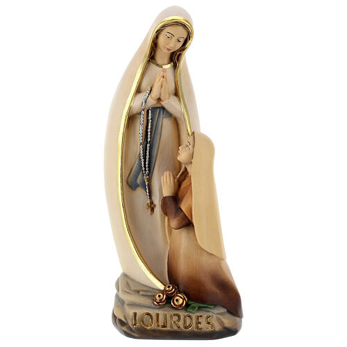 Virgen de Lourdes con Bernadette estilizada madera Val Gardena pintada 1