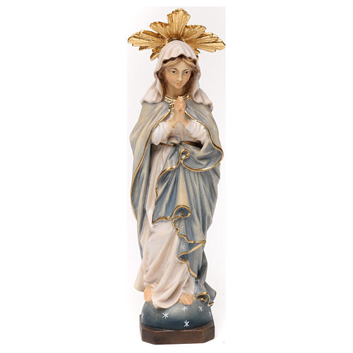 Immaculate Mary in prayer with halo statue in painted wood, Val Gardena 1
