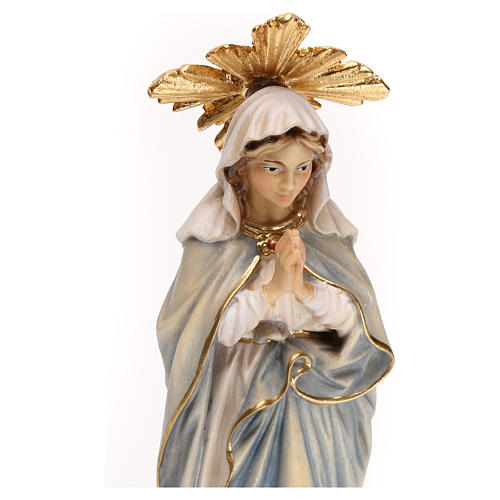 Statue Vierge Immaculée en prière avec auréole de rayons bois peint Val Gardena 2