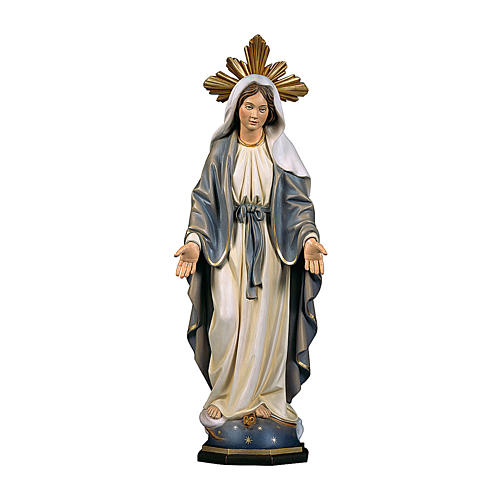 Statue Vierge Miraculeuse avec auréole de rayons bois peint Val Gardena 1