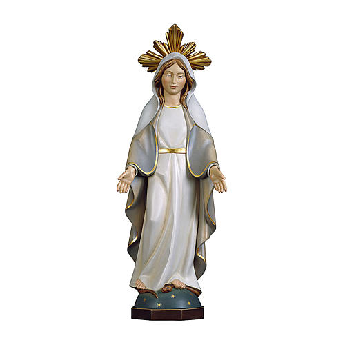Statue Vierge Miraculeuse Moderne avec auréole de rayons bois peint Val Gardena 1