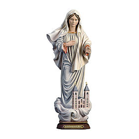 Statua Madonna di Medjugorje con chiesa legno dipinto Val Gardena