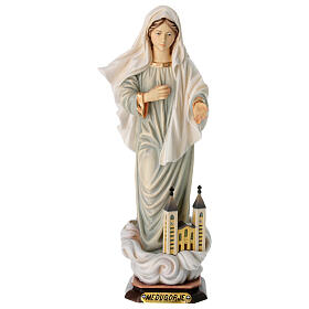 Statua Madonna di Medjugorje con chiesa legno dipinto Val Gardena