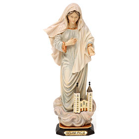 Statua Madonna regina della pace con chiesa legno dipinto Val Gardena