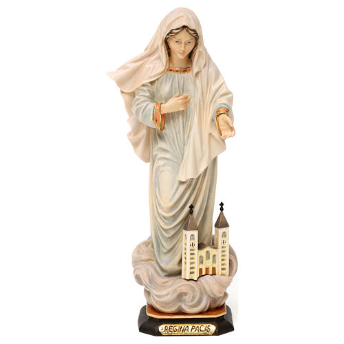 Statua Madonna regina della pace con chiesa legno dipinto Val Gardena 1
