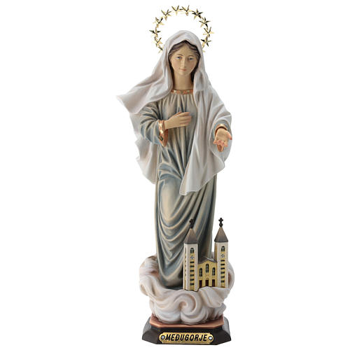 Estatua Virgen de Medjugorje con iglesia y corona de rayos madera pintada Val Gardena 1
