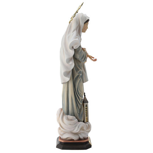 Estatua Virgen de Medjugorje con iglesia y corona de rayos madera pintada Val Gardena 7