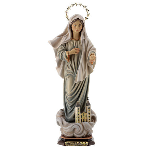 Statue Notre-Dame Reine de la Paix avec église et auréole bois peint Val Gardena 1