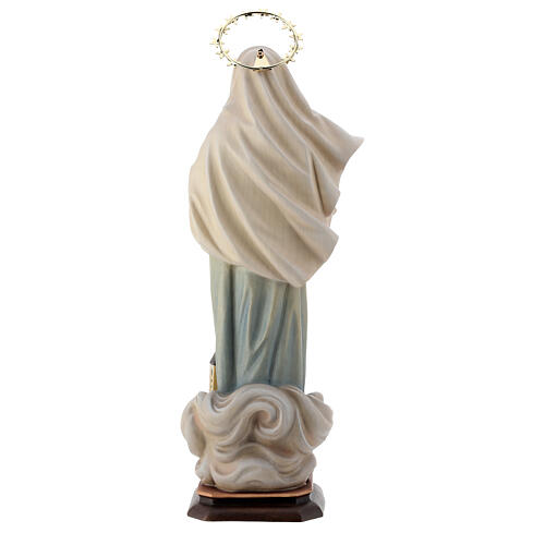 Statue Notre-Dame Reine de la Paix avec église et auréole bois peint Val Gardena 6