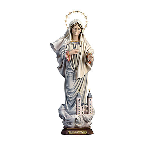 Our Lady of Medjugorje Kraljica Mira with church and halo statue in painted wood, Val Gardena 1