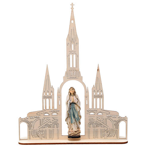 Estatua Virgen de Lourdes con basílica madera pintada Val Gardena 8(20x16) cm 1