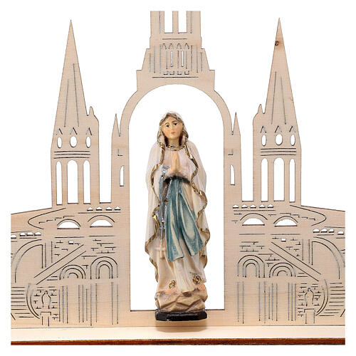 Estatua Virgen de Lourdes con basílica madera pintada Val Gardena 8(20x16) cm 2