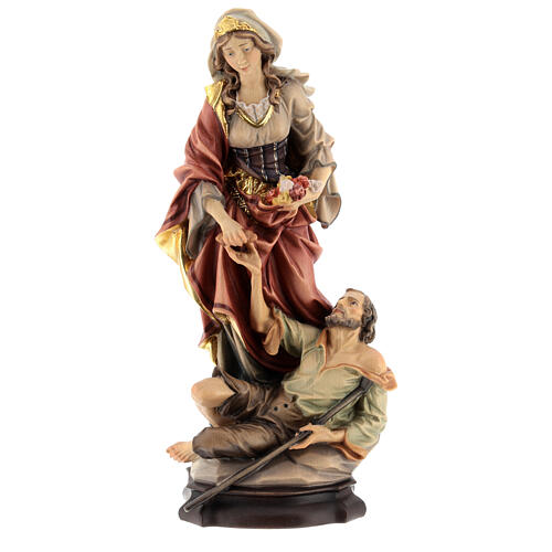 Estatua Santa Isabel de Hungría con mendigo madera pintada Val Gardena 1