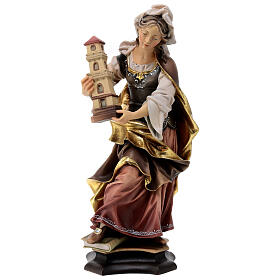 Statue of St. Barbara of Nicomedia with tower in painted wood from Val Gardena