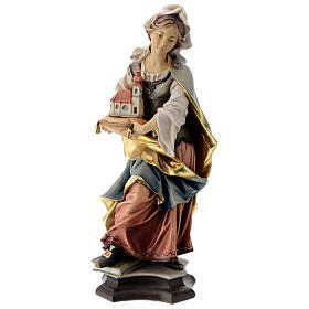 Statue of St. Edwige of Silesia with church in painted wood from Val Gardena
