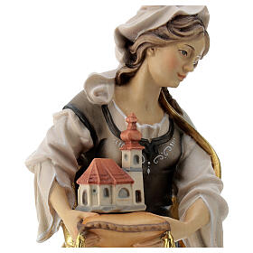Statue of St. Edwige of Silesia with church in painted wood from Val Gardena