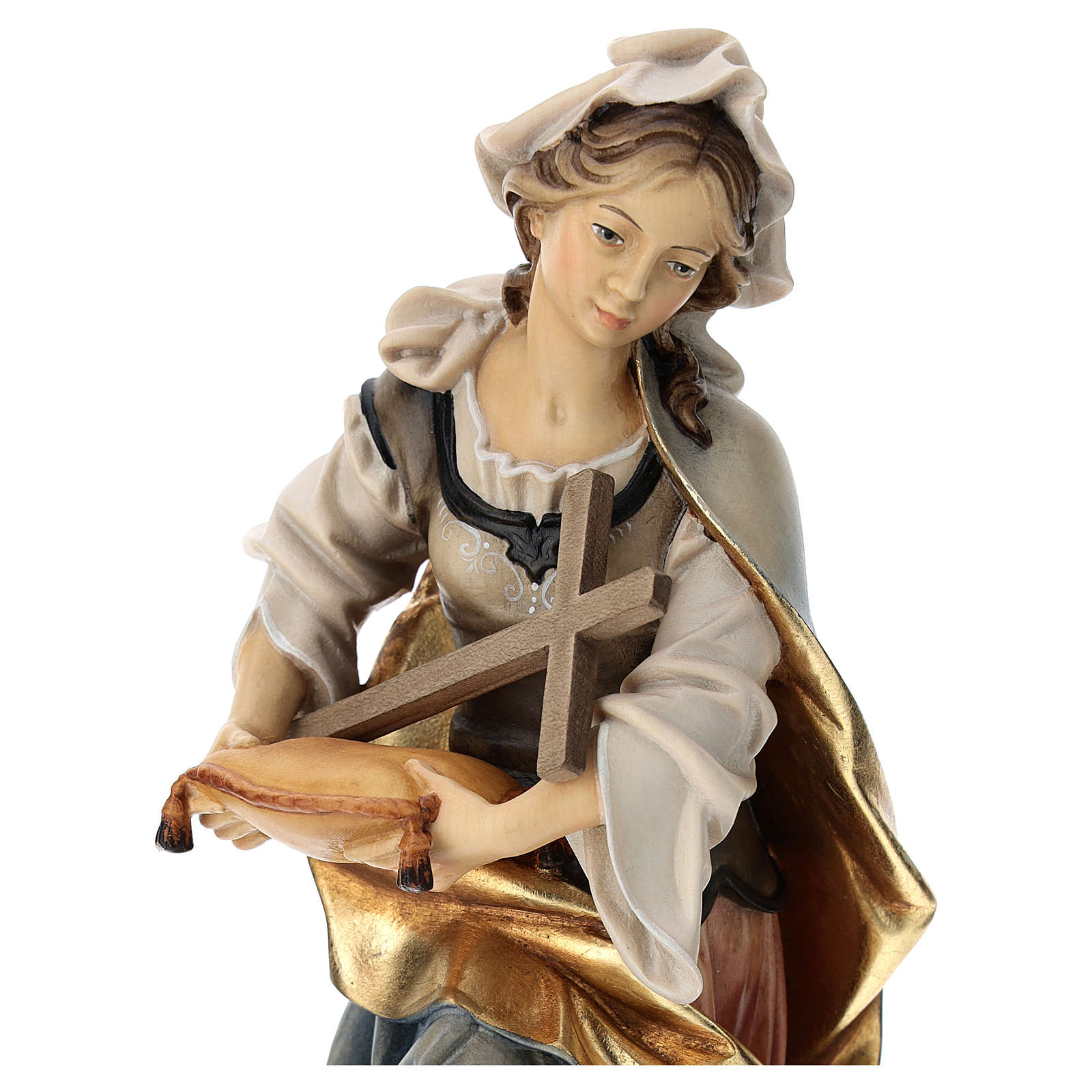 Statua Santa Margherita da Antiochia con croce legno dipinto Val Gardena