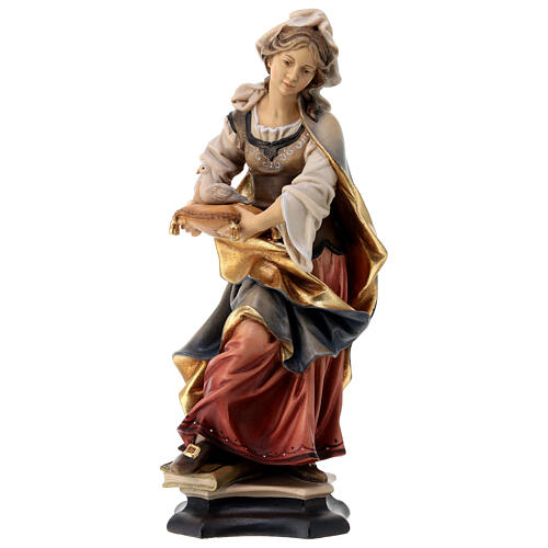 Statue Sainte Julie de Corse avec colombe en bois peint Val Gardena 1