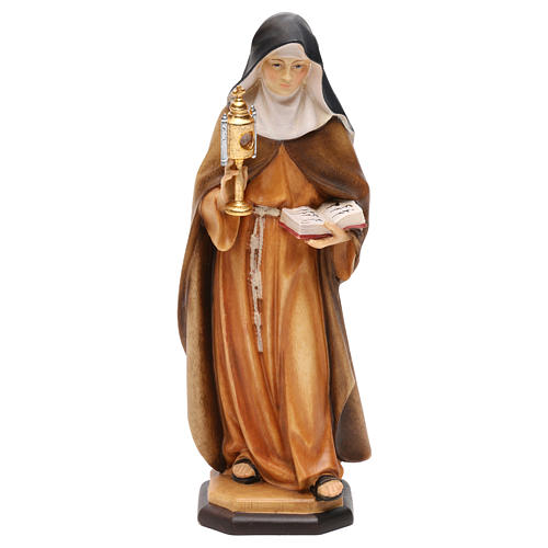 Statua Santa Chiara d'Assisi con teca eucaristica legno dipinto Val Gardena 1