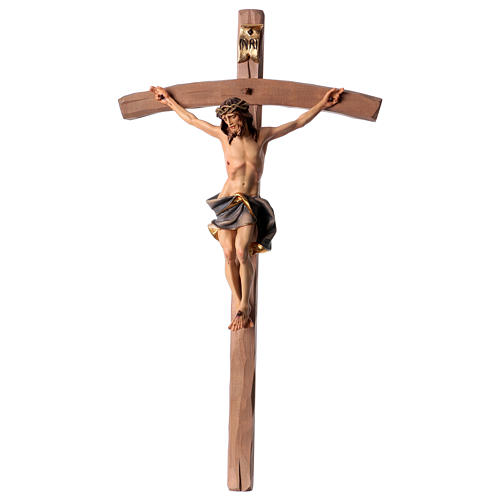 Crucifix in wood, curved cross and blue garment, Val Gardena 1