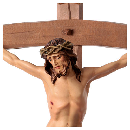 Crucifix in wood, curved cross and blue garment, Val Gardena 2