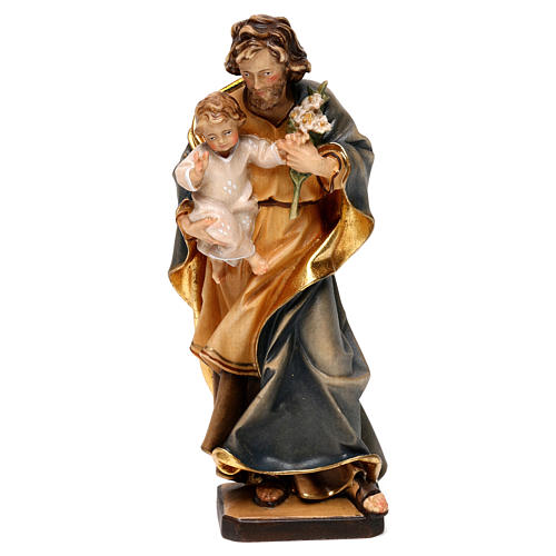Saint Joseph holding Baby Jesus and lily in Valgardena wood 1