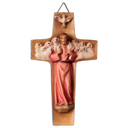 Wood Cross with Good Shepherd, red robe, Val Gardena 1