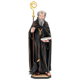 St. Benedict of Norcia statue with crow and bread, in Valgardena wood