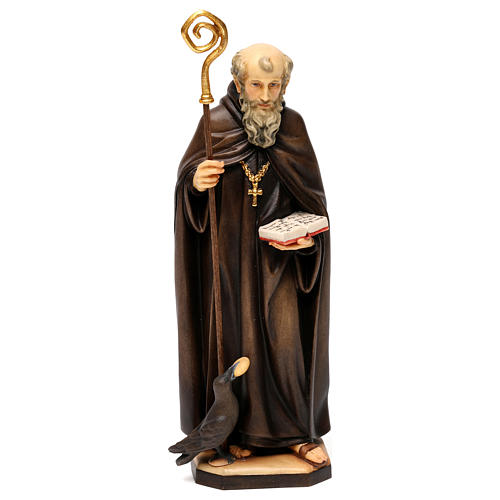St. Benedict of Norcia statue with crow and bread, in Valgardena wood 1