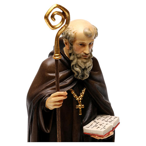St. Benedict of Norcia statue with crow and bread, in Valgardena wood 2