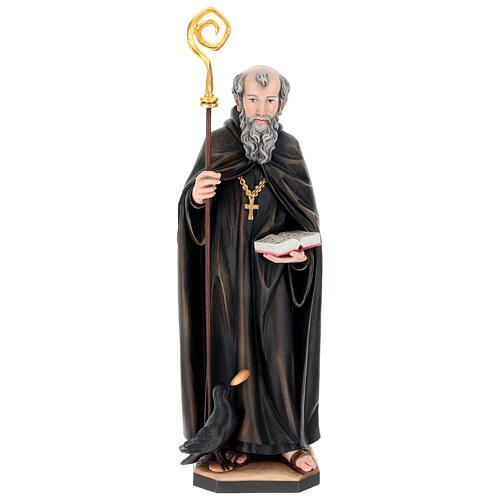 St. Benedict of Norcia statue with crow and bread, in Valgardena wood 1
