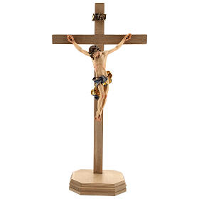 Baroque crucifix with blue pedestal in wood from Valgardena