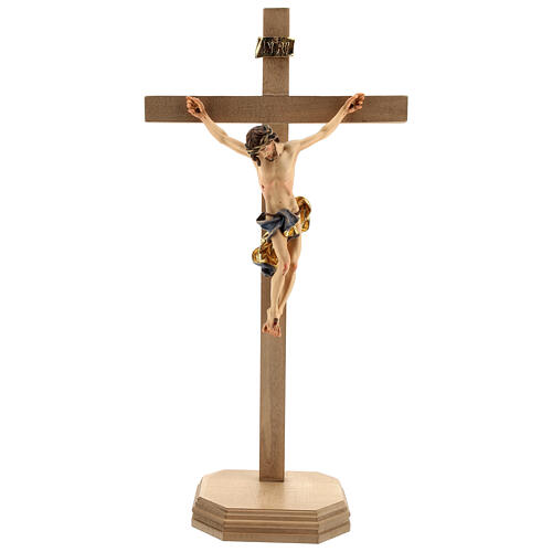 Crucifix baroque croix piédestal bleu bois Val Gardena 1