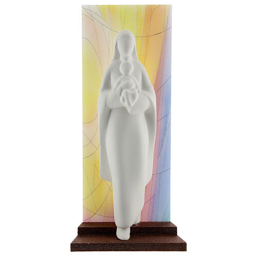 Statue aus Ton Maria mit Jesuskind vor farbigem Plexiglas, 13 cm 1