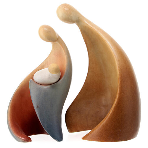 Modern Nativity of painted maple wood, Val Gardena, set of 3 2