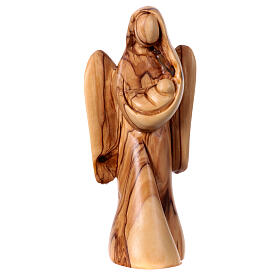Statua angelo con bimbo legno olivo Betlemme naturale h 14 cm