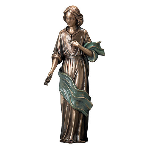 Bronzestatue, Junge Frau mit grünem Tuch Blumen streuend, 40 cm, für den AUßENBEREICH 1