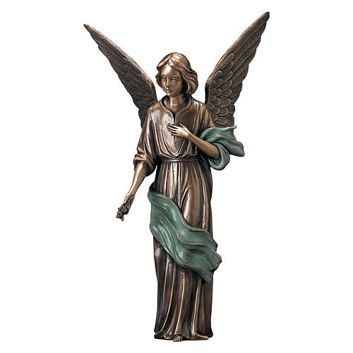 Statue of Angel scattering flowers in bronze 45 cm with green cloth for EXTERNAL USE 1