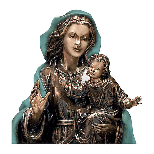 Statue of Virgin Mary with Baby Jesus in bronze 65 cm with green cloth for EXTERNAL USE 2