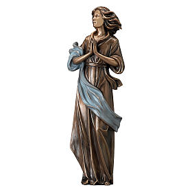 Statue of woman with joined hands in bronze 60 cm with light blue cloth for EXTERNAL USE