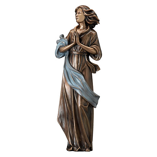 Statue bronze femme mains jointes 60 cm châle bleu POUR EXTÉRIEUR 1