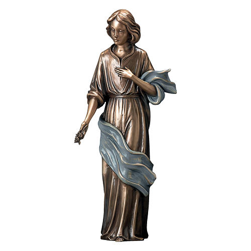 Statue of youth scattering flowers in bronze 40 cm with light blue cloth for EXTERNAL USE 1