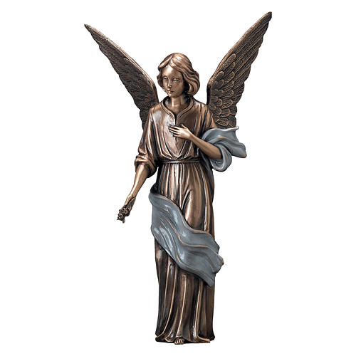 Statue of Angel scattering flowers in bronze 45 cm with light blue cloth for EXTERNAL USE 1