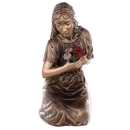 Statue of Kneeling Woman Holding Flowers in Bronze 45 cm for OUTDOORS 1