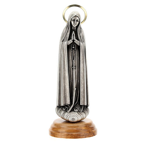Gottesmutter von Fatima – 12 cm, silberfarben, mit goldfarbenem Heiligenschein, auf Olivenholzsockel 1