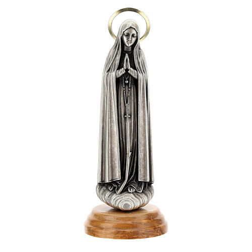 Imagem Nossa Senhora de Fátima Zamak auréola dourada base madeira de oliveira 12 cm 1