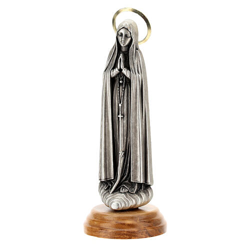 Imagem Nossa Senhora de Fátima Zamak auréola dourada base madeira de oliveira 12 cm 2