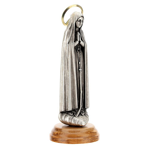 Imagem Nossa Senhora de Fátima Zamak auréola dourada base madeira de oliveira 12 cm 3